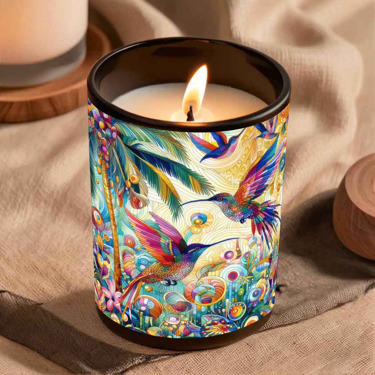 Tropical Hummingbirds Black Jar Scented Candle (6oz) - Gregg Acini Adoree Designs - Candles