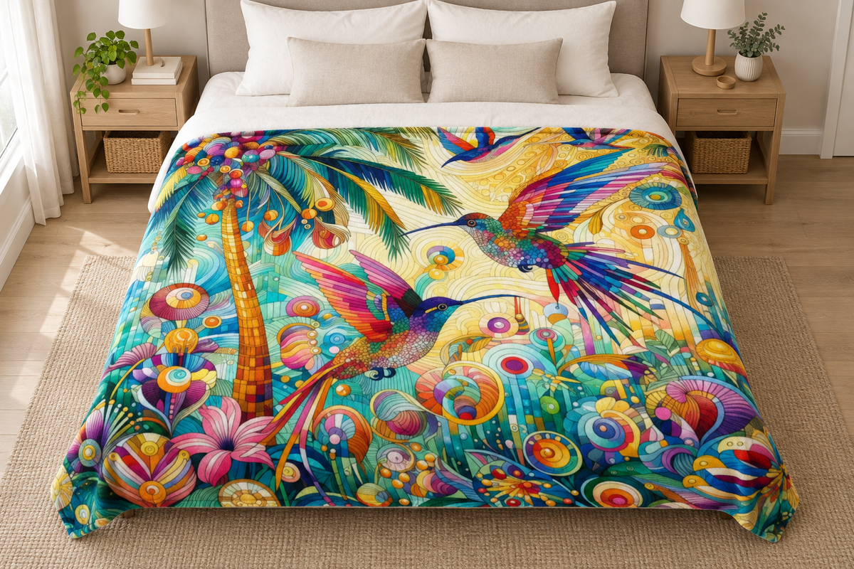 Tropical Hummingbirds blanket on a bed