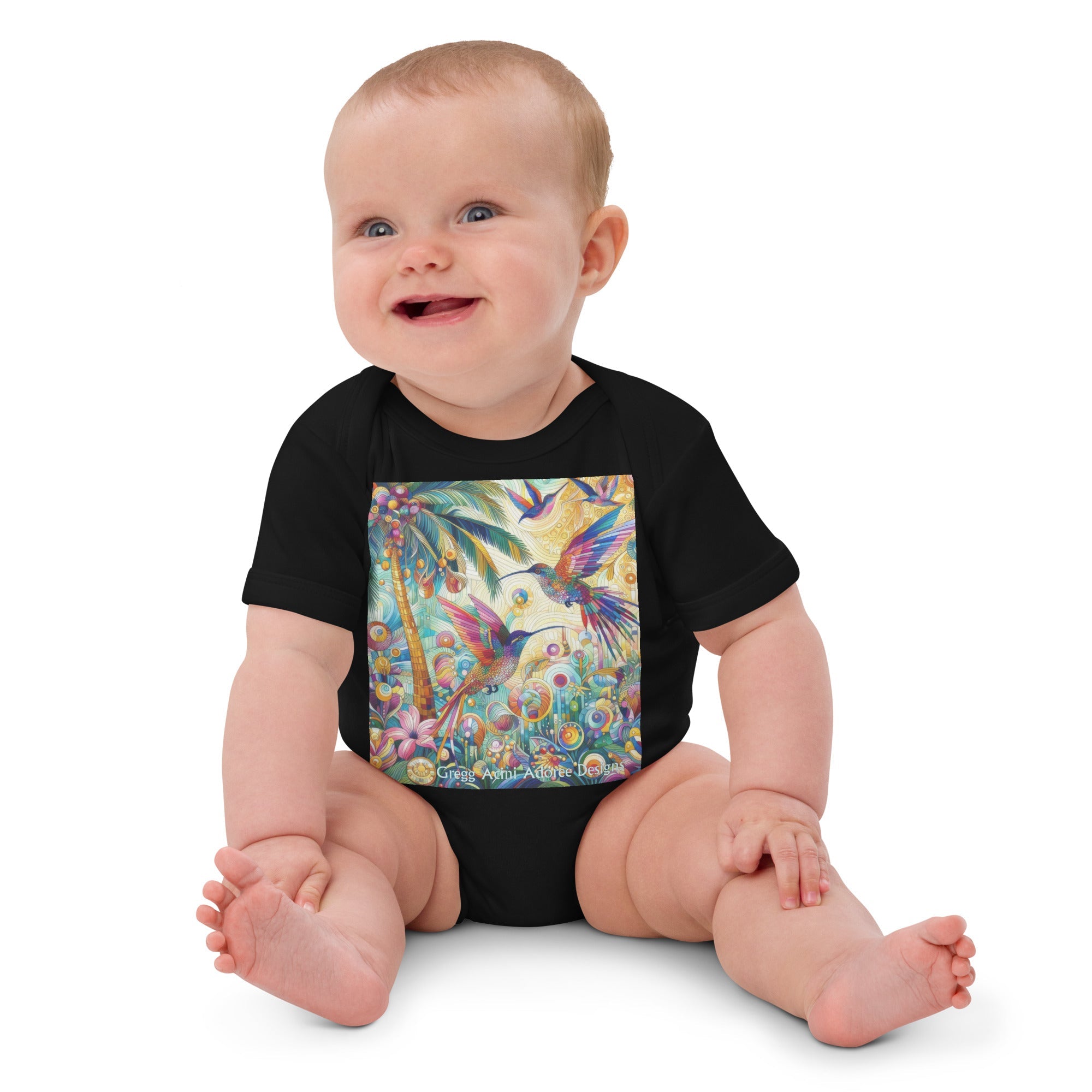 Tropical Hummingbirds Organic cotton baby bodysuit by Gregg Acini Adoree Designs - Gregg Acini Adoree Designs - Baby Bodysuit