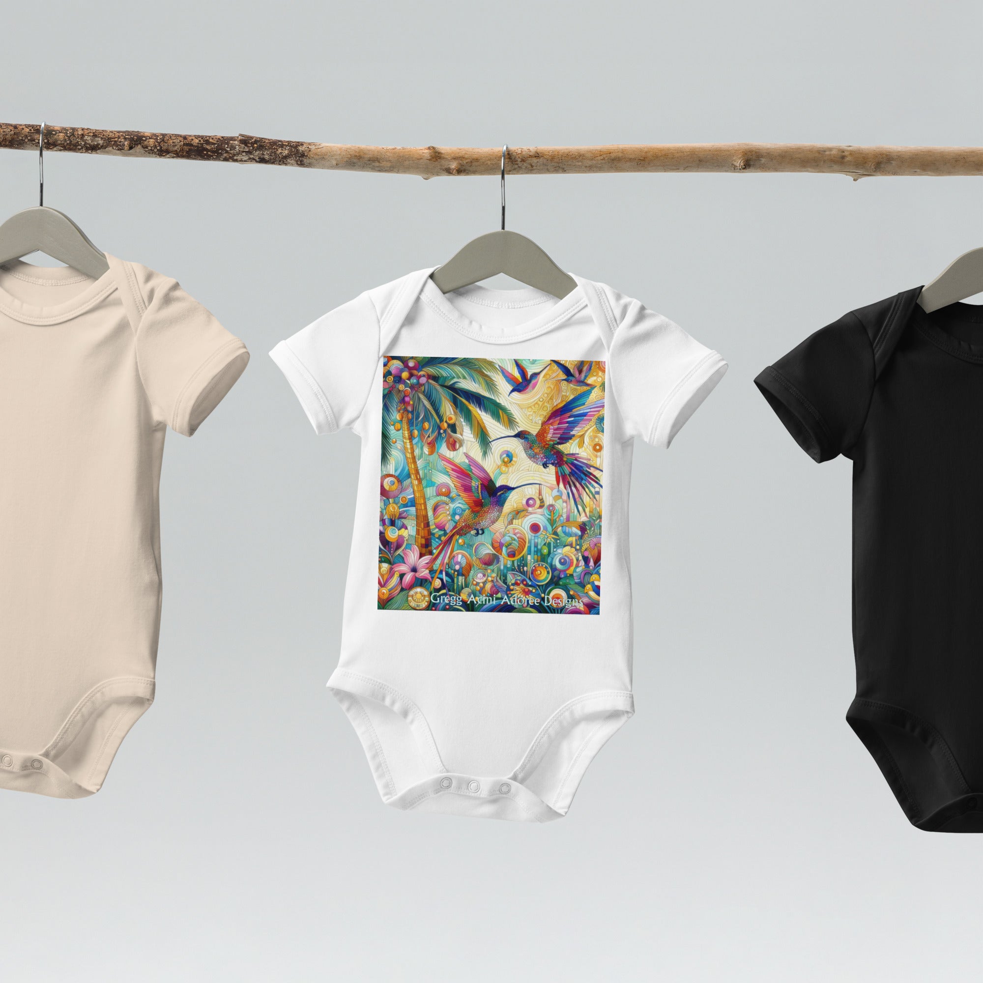 Tropical Hummingbirds Organic cotton baby bodysuit by Gregg Acini Adoree Designs - Gregg Acini Adoree Designs - Baby Bodysuit