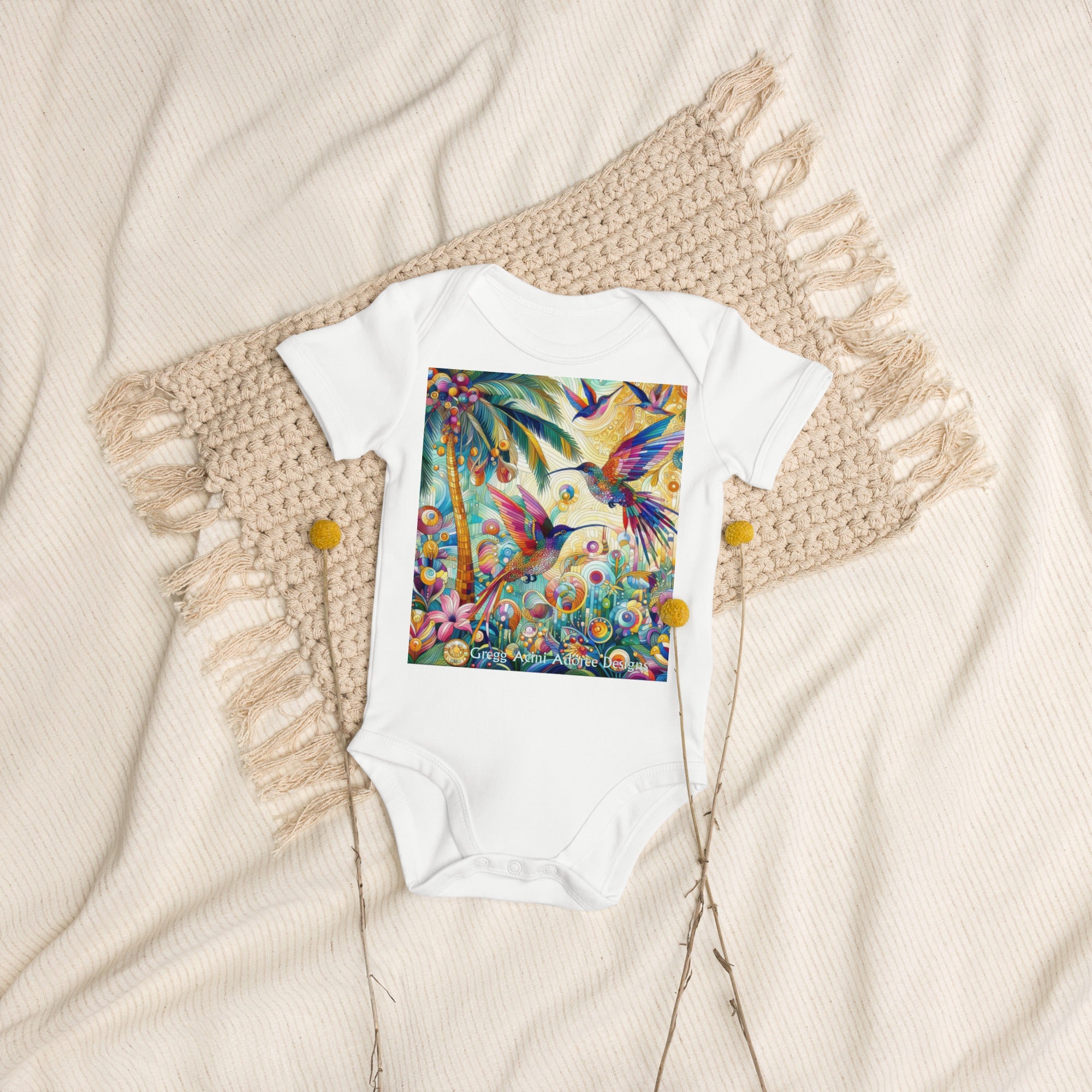Tropical Hummingbirds Organic cotton baby bodysuit by Gregg Acini Adoree Designs - Gregg Acini Adoree Designs - Baby Bodysuit
