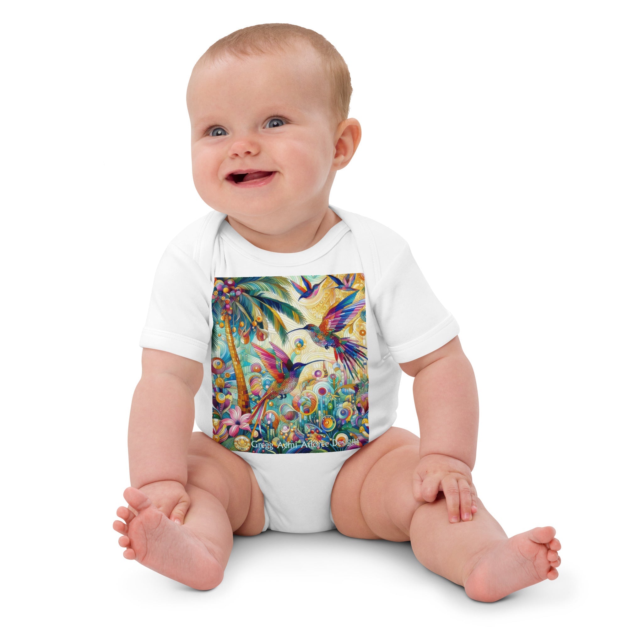 Tropical Hummingbirds Organic cotton baby bodysuit by Gregg Acini Adoree Designs - Gregg Acini Adoree Designs - Baby Bodysuit