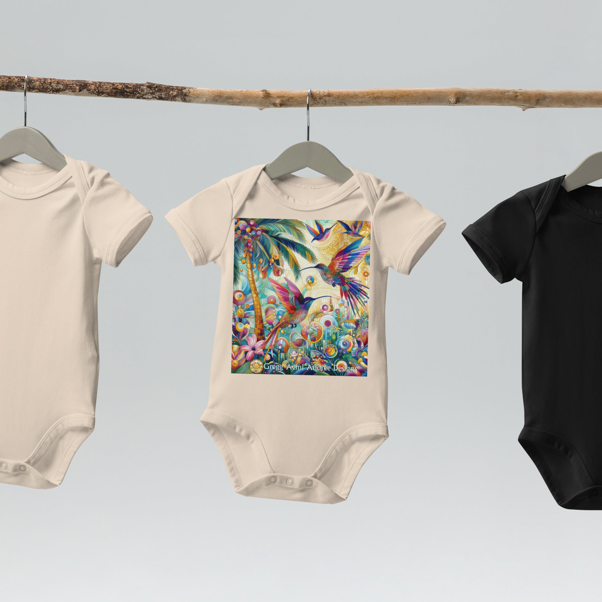 Tropical Hummingbirds Organic cotton baby bodysuit by Gregg Acini Adoree Designs - Gregg Acini Adoree Designs - Baby Bodysuit