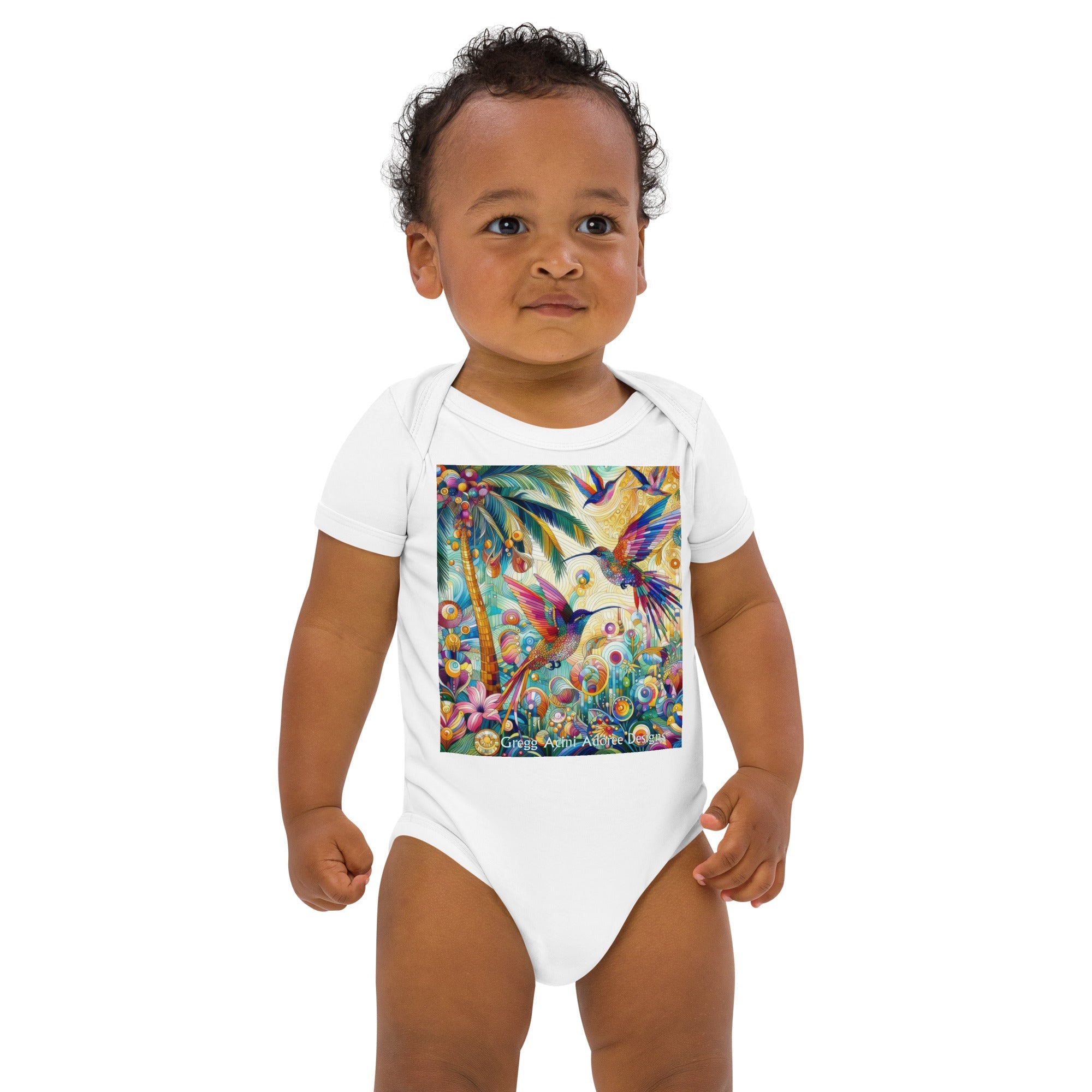 Tropical Hummingbirds Organic cotton baby bodysuit by Gregg Acini Adoree Designs - Gregg Acini Adoree Designs - Baby Bodysuit
