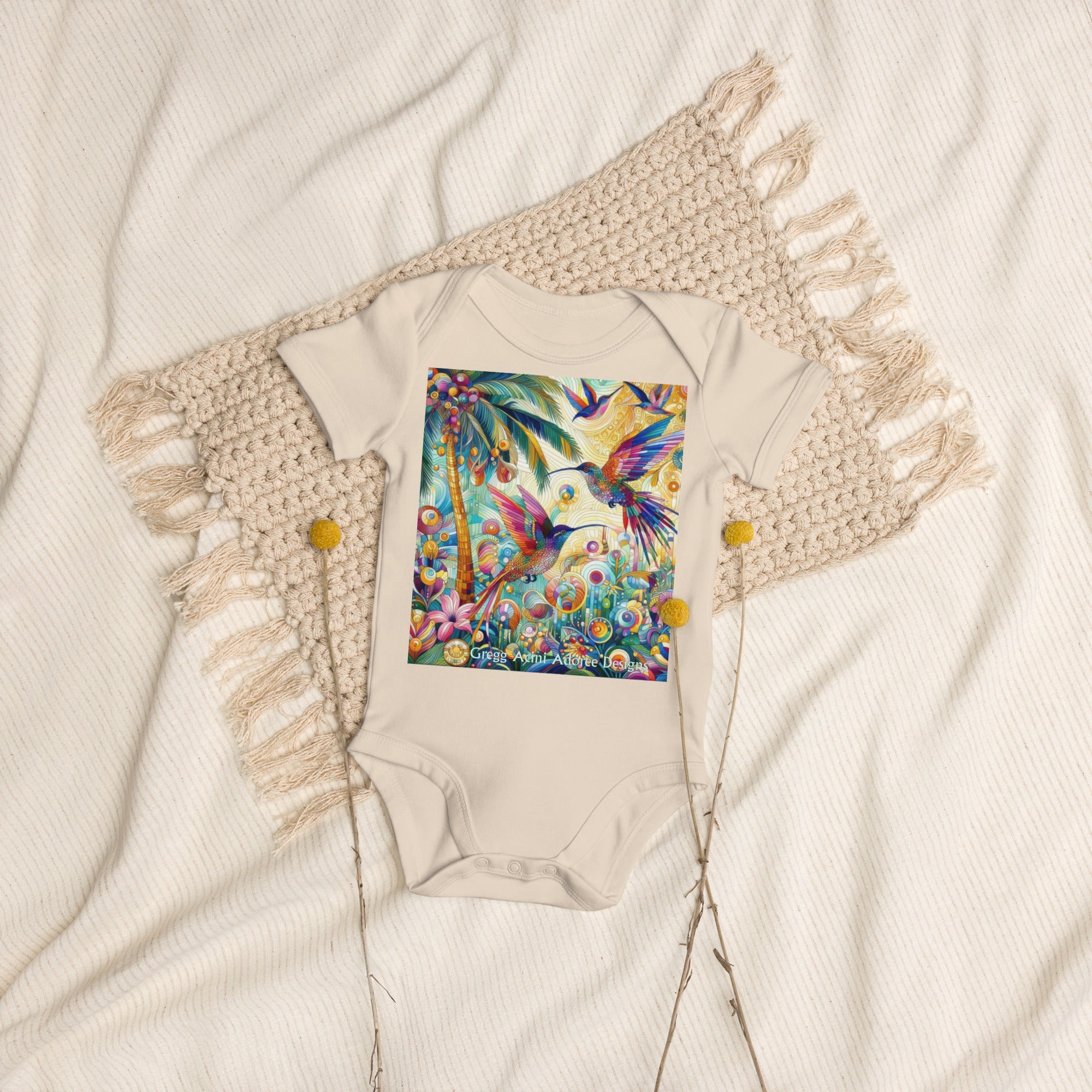 Tropical Hummingbirds Organic cotton baby bodysuit by Gregg Acini Adoree Designs - Gregg Acini Adoree Designs - Baby Bodysuit