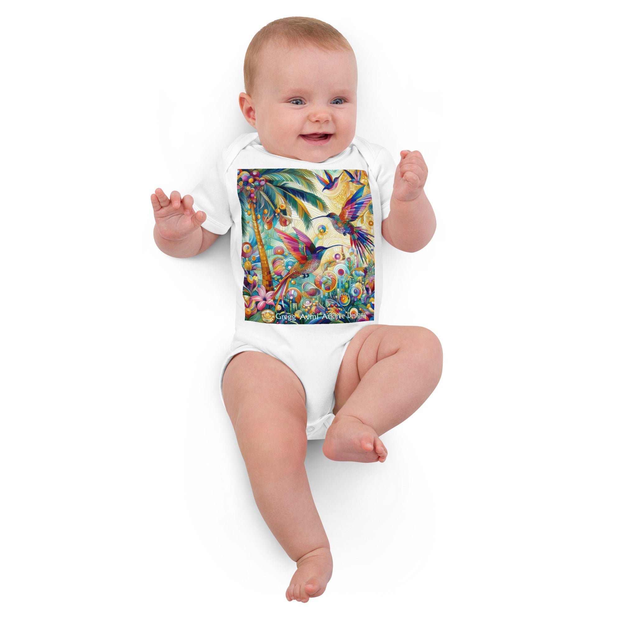 Tropical Hummingbirds Organic cotton baby bodysuit by Gregg Acini Adoree Designs - Gregg Acini Adoree Designs - Baby Bodysuit