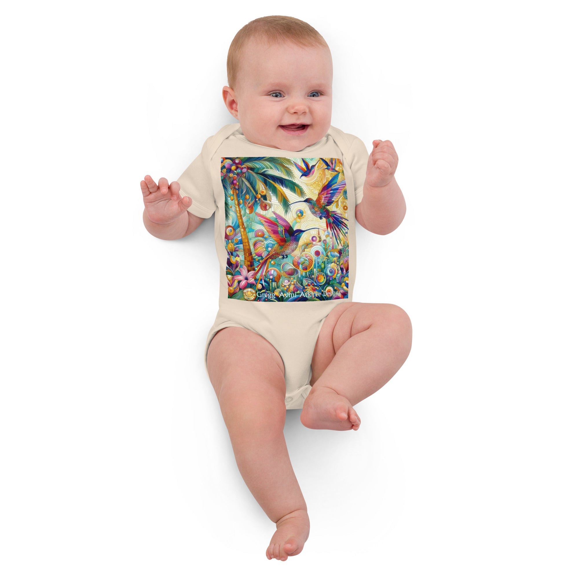 Tropical Hummingbirds Organic cotton baby bodysuit by Gregg Acini Adoree Designs - Gregg Acini Adoree Designs - Baby Bodysuit