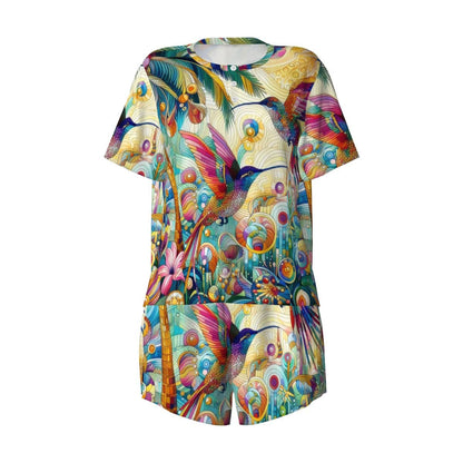 Tropical Hummingbirds Pajama Set for Women Crew Neck Short Sleeve - Gregg Acini Adoree Designs - Women's Pajamas