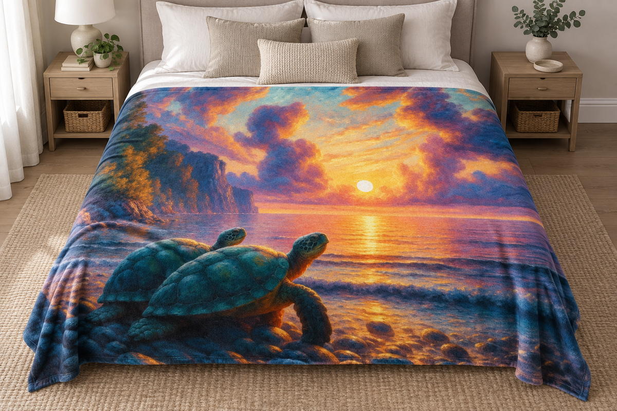 Turtles in the Sunset blanket on a bed