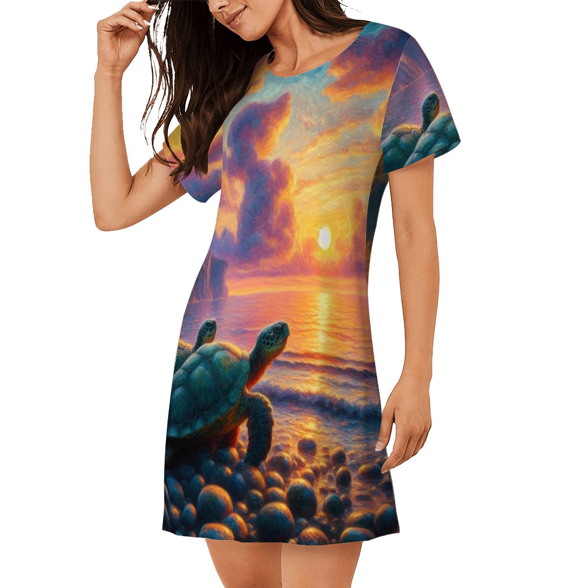 Turtles in the Sunset Loose Short - Sleeve Nightgown - Gregg Acini Adoree Designs - Women's Pajamas