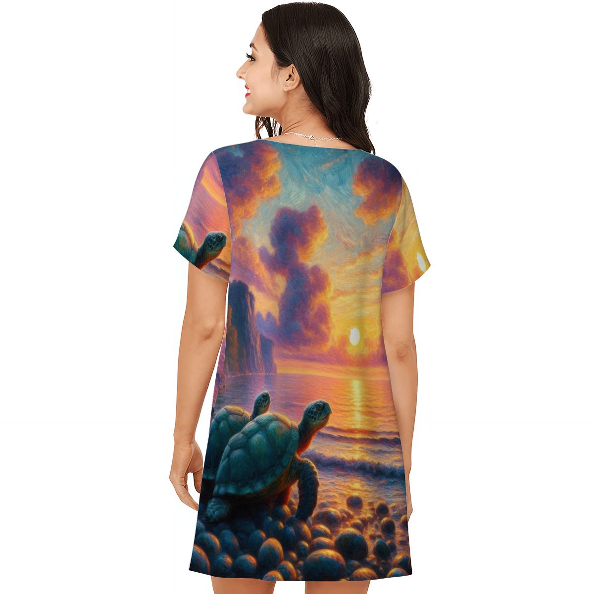 Turtles in the Sunset Loose Short - Sleeve Nightgown - Gregg Acini Adoree Designs - Women's Pajamas