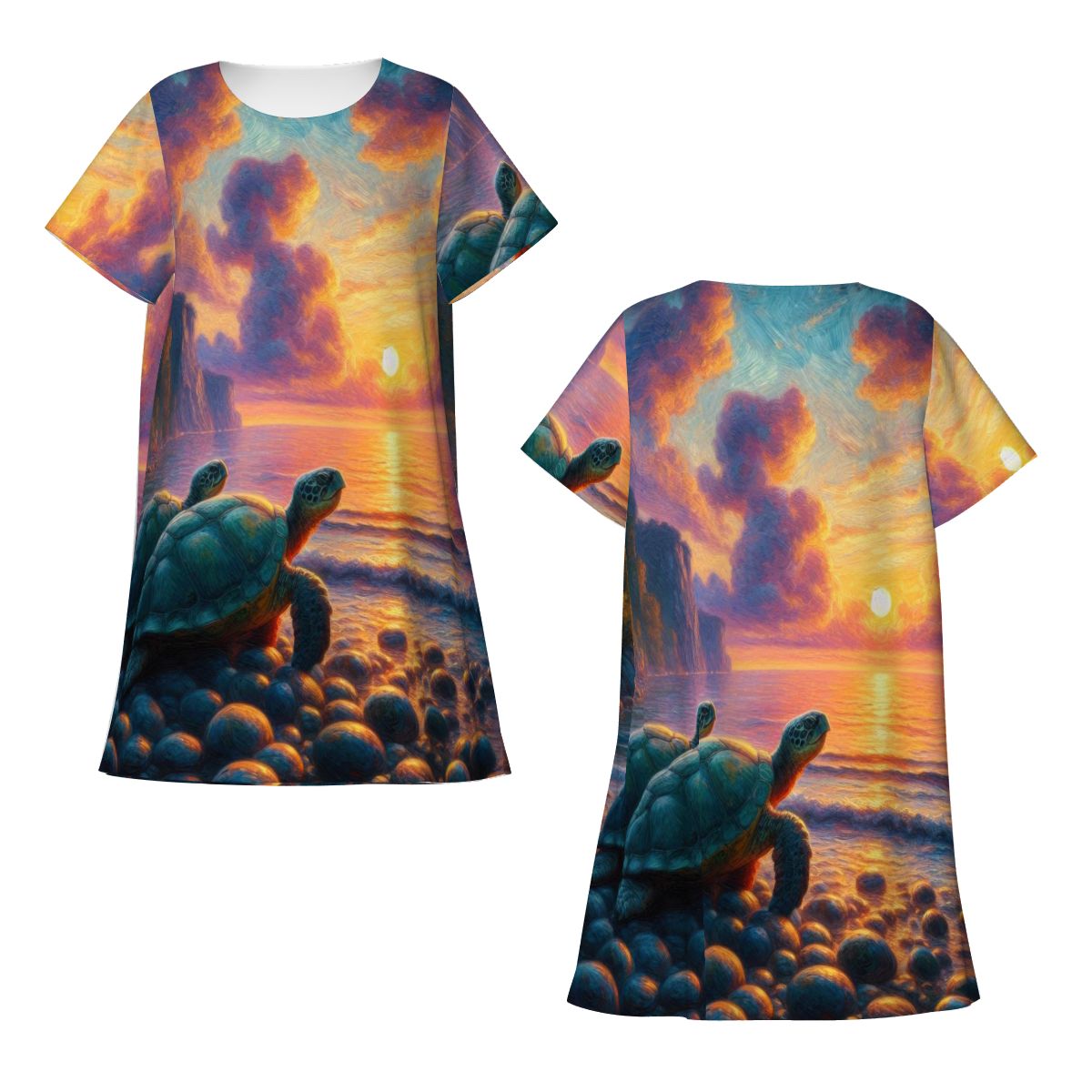 Turtles in the Sunset Loose Short - Sleeve Nightgown - Gregg Acini Adoree Designs - Women's Pajamas