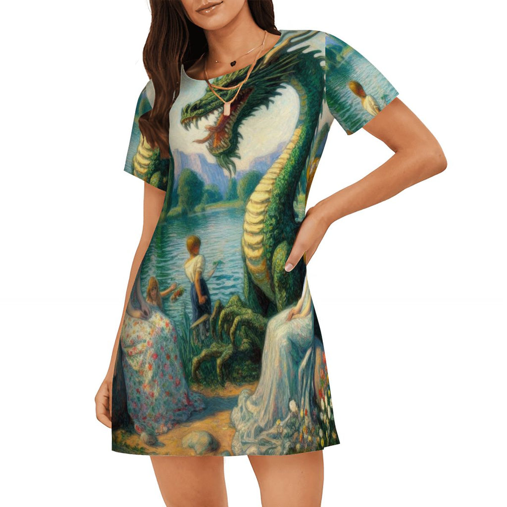 Two Ladies and a Dragon with Children Loose Short - Sleeve Nightgown - Gregg Acini Adoree Designs - Women's Pajamas