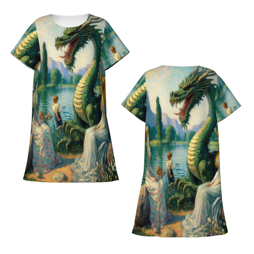 Two Ladies and a Dragon with Children Loose Short - Sleeve Nightgown - Gregg Acini Adoree Designs - Women's Pajamas
