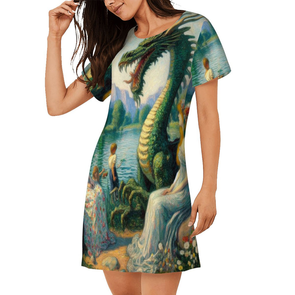 Two Ladies and a Dragon with Children Loose Short - Sleeve Nightgown - Gregg Acini Adoree Designs - Women's Pajamas