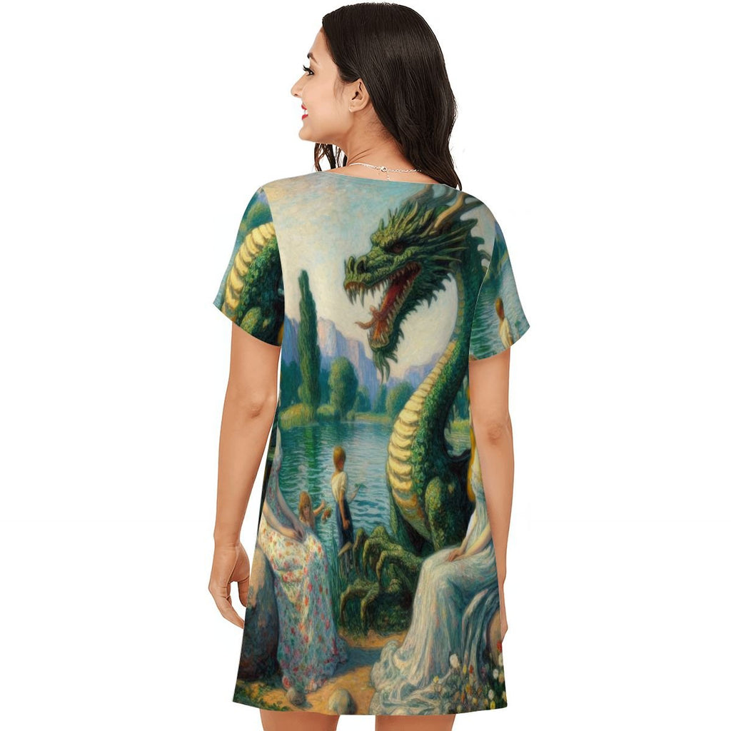 Two Ladies and a Dragon with Children Loose Short - Sleeve Nightgown - Gregg Acini Adoree Designs - Women's Pajamas