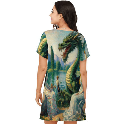 Two Ladies and a Dragon with Children Loose Short - Sleeve Nightgown - Gregg Acini Adoree Designs - Women's Pajamas