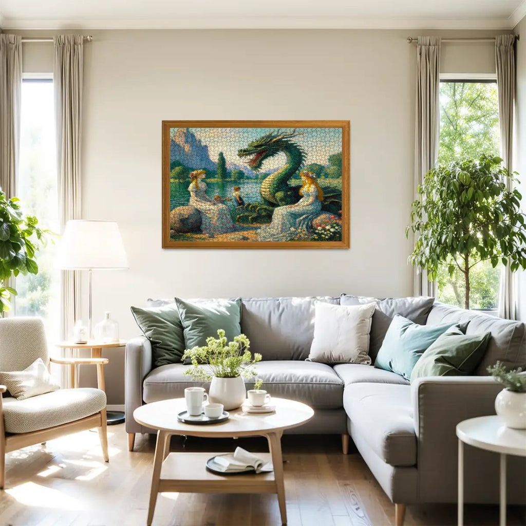 Two Ladies and a Dragon with Kids Wooden Jigsaw Puzzles 1000 pcs - Gregg Acini Adoree Designs - Jigsaw Puzzle