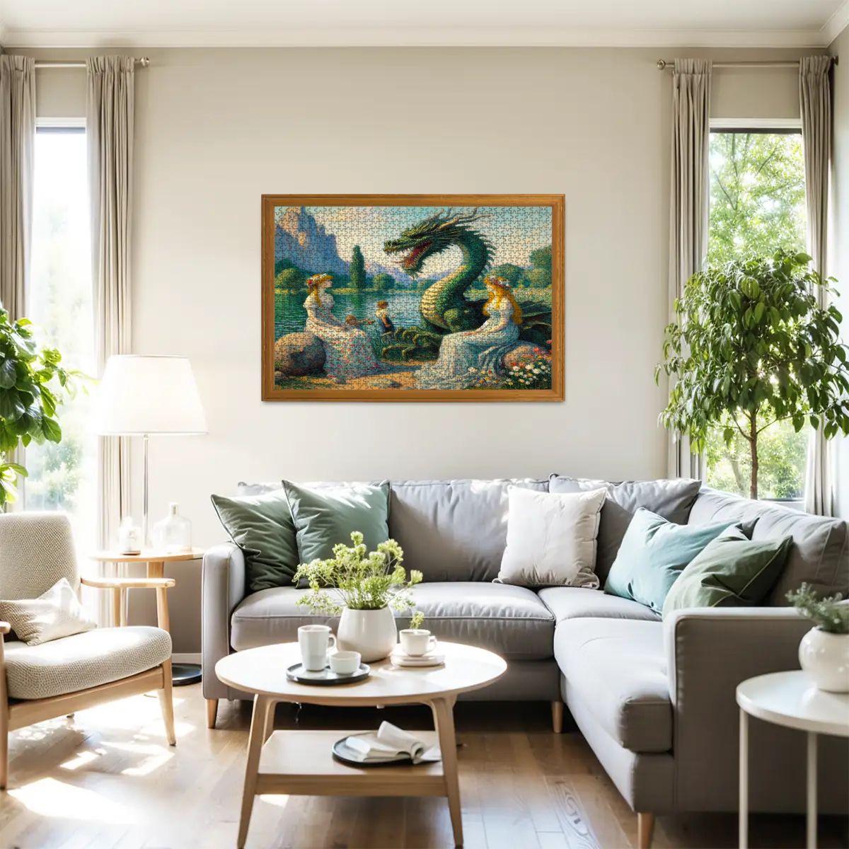 Two Ladies and a Dragon with Kids Wooden Jigsaw Puzzles 1000 pcs - Gregg Acini Adoree Designs - Jigsaw Puzzle