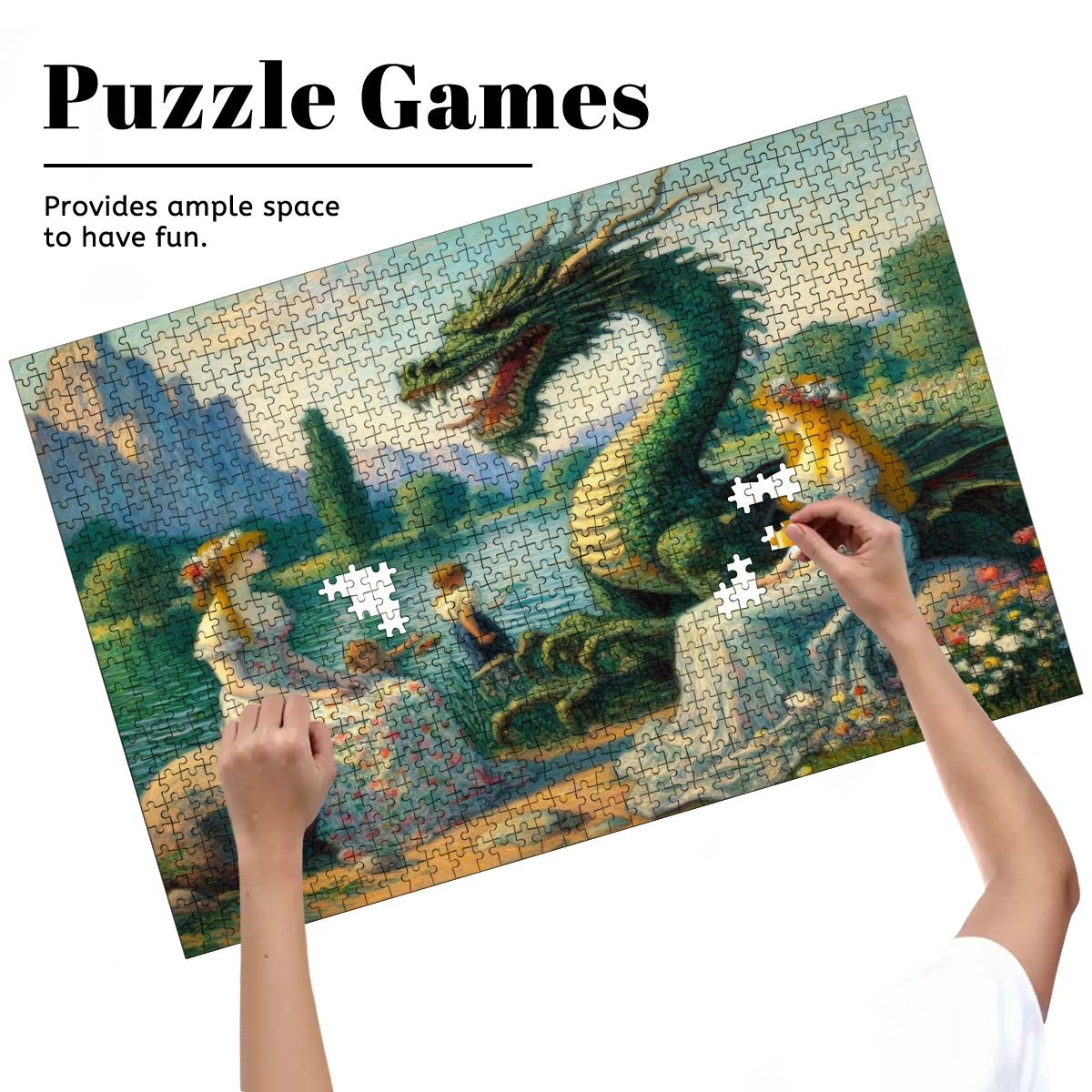 Two Ladies and a Dragon with Kids Wooden Jigsaw Puzzles 1000 pcs - Gregg Acini Adoree Designs - Jigsaw Puzzle