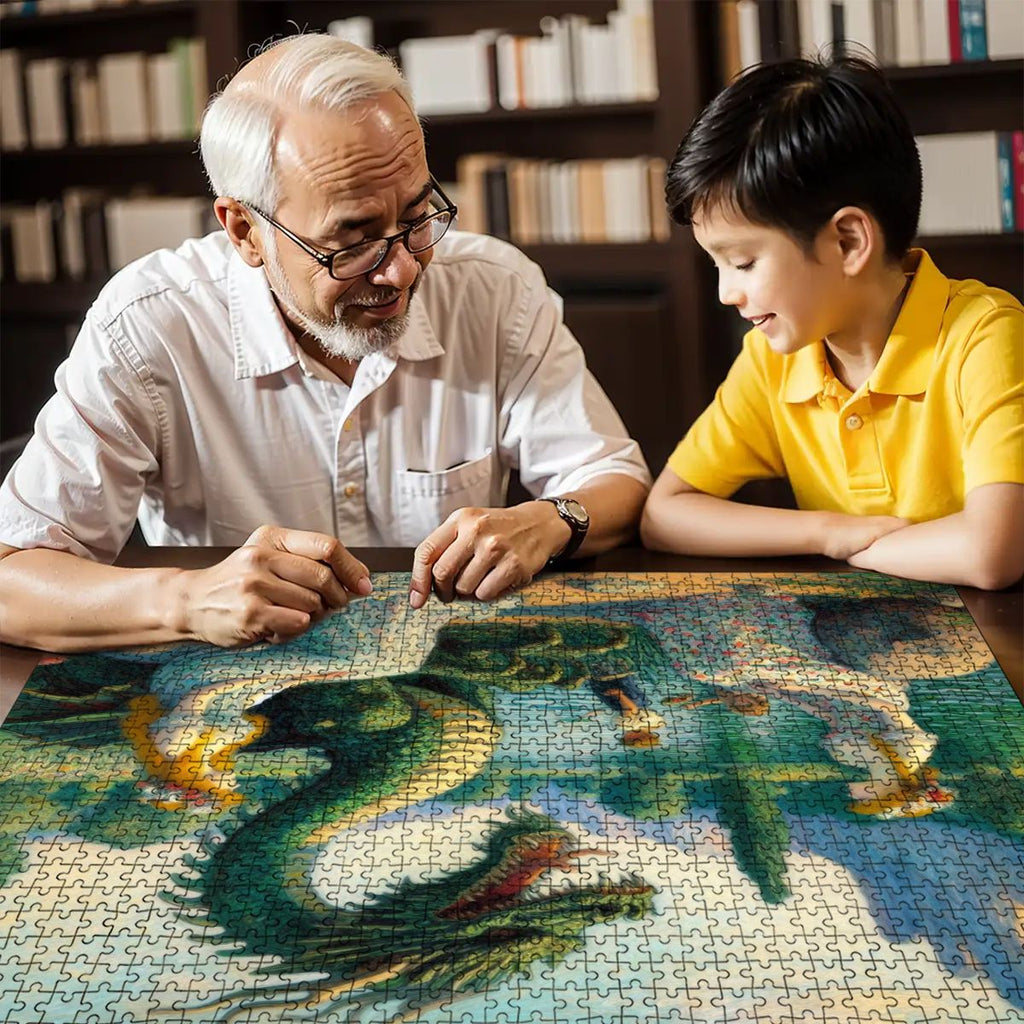Two Ladies and a Dragon with Kids Wooden Jigsaw Puzzles 1000 pcs - Gregg Acini Adoree Designs - Jigsaw Puzzle