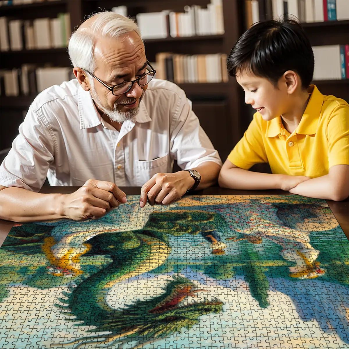 Two Ladies and a Dragon with Kids Wooden Jigsaw Puzzles 1000 pcs - Gregg Acini Adoree Designs - Jigsaw Puzzle