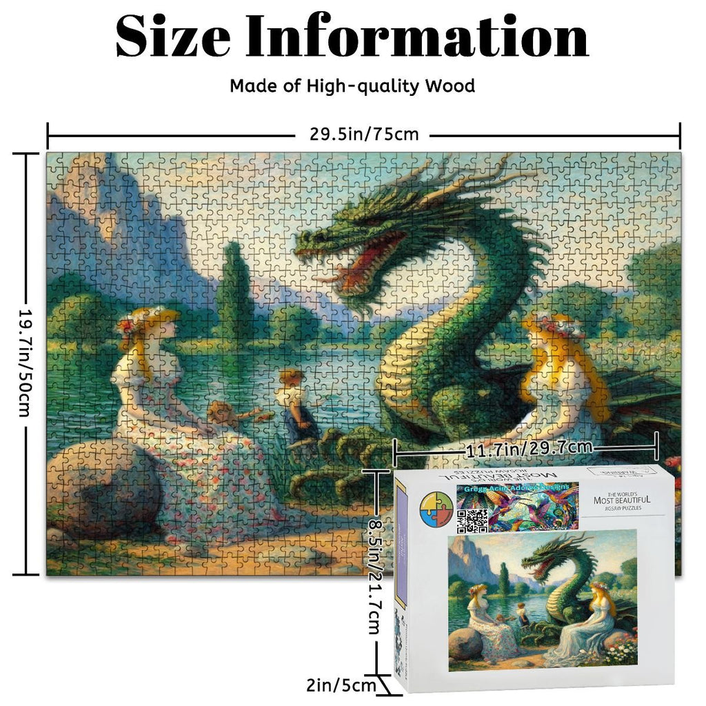 Two Ladies and a Dragon with Kids Wooden Jigsaw Puzzles 1000 pcs - Gregg Acini Adoree Designs - Jigsaw Puzzle
