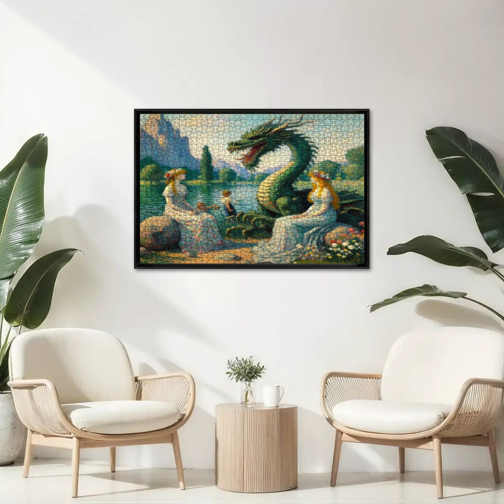 Two Ladies and a Dragon with Kids Wooden Jigsaw Puzzles 1000 pcs - Gregg Acini Adoree Designs - Jigsaw Puzzle