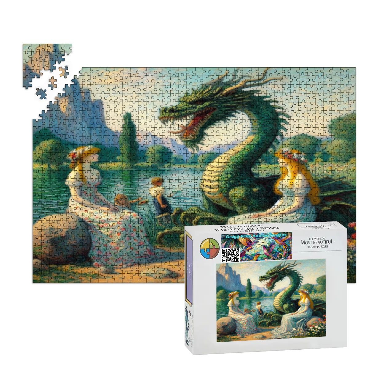 Two Ladies and a Dragon with Kids Wooden Jigsaw Puzzles 1000 pcs - Gregg Acini Adoree Designs - Jigsaw Puzzle