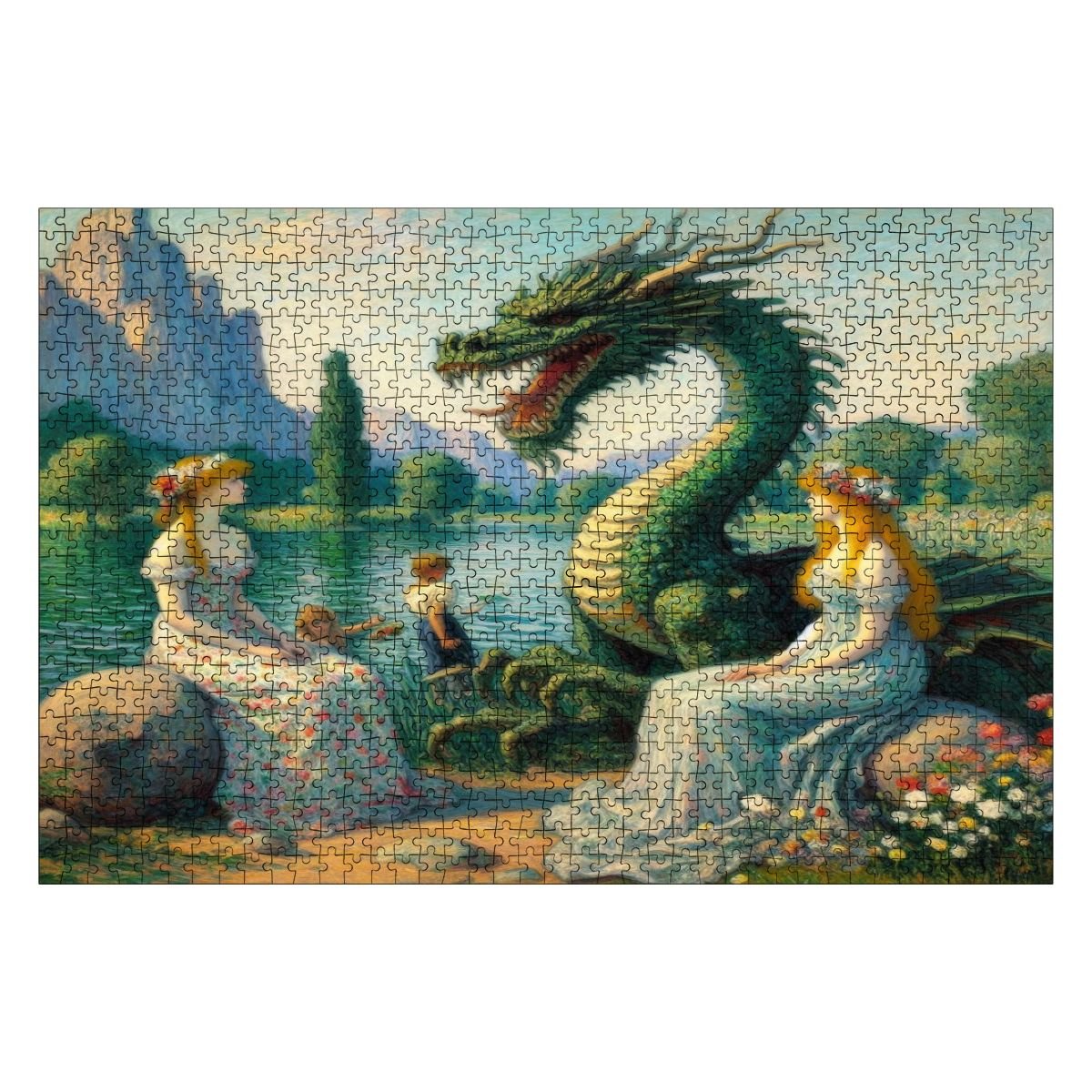 Two Ladies and a Dragon with Kids Wooden Jigsaw Puzzles 1000 pcs - Gregg Acini Adoree Designs - Jigsaw Puzzle