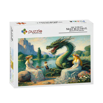 Two Ladies and a Dragon with Kids Wooden Jigsaw Puzzles 500 pcs - Gregg Acini Adoree Designs - Jigsaw Puzzle