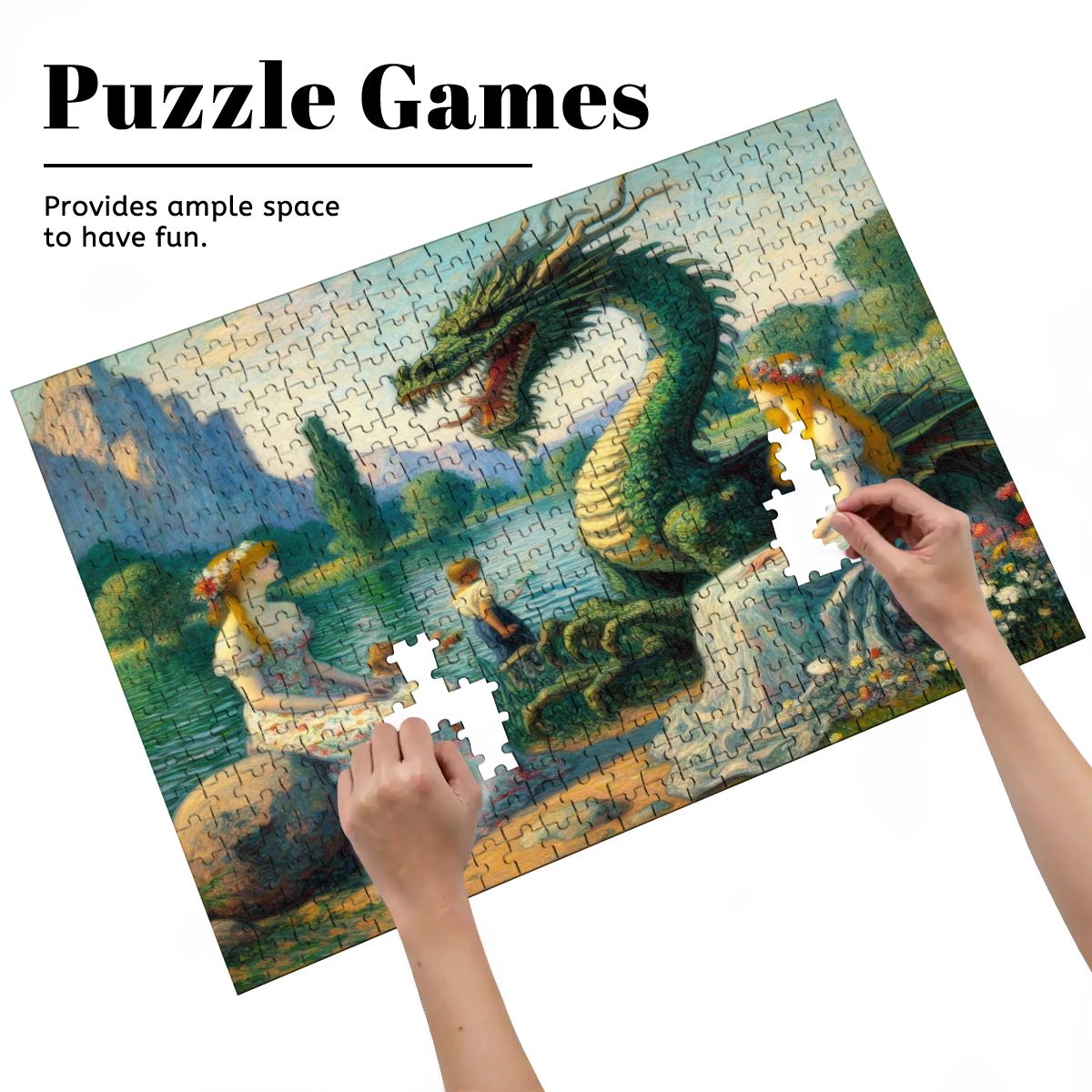 Two Ladies and a Dragon with Kids Wooden Jigsaw Puzzles 500 pcs - Gregg Acini Adoree Designs - Jigsaw Puzzle