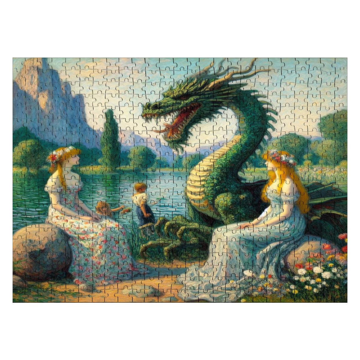 Two Ladies and a Dragon with Kids Wooden Jigsaw Puzzles 500 pcs - Gregg Acini Adoree Designs - Jigsaw Puzzle