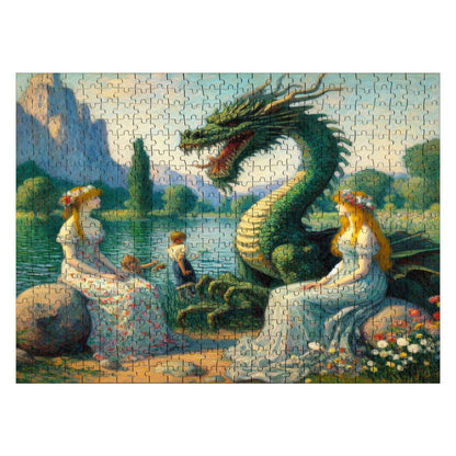 Two Ladies and a Dragon with Kids Wooden Jigsaw Puzzles 500 pcs - Gregg Acini Adoree Designs - Jigsaw Puzzle