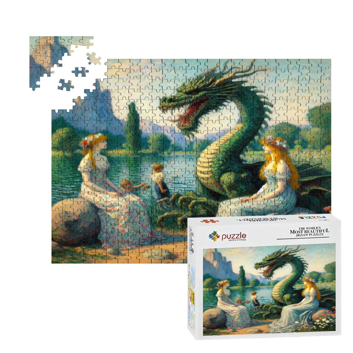Two Ladies and a Dragon with Kids Wooden Jigsaw Puzzles 500 pcs - Gregg Acini Adoree Designs - Jigsaw Puzzle