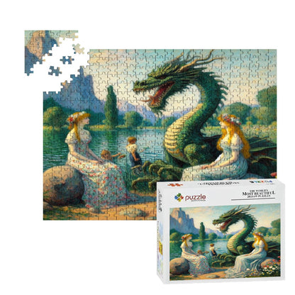 Two Ladies and a Dragon with Kids Wooden Jigsaw Puzzles 500 pcs - Gregg Acini Adoree Designs - Jigsaw Puzzle