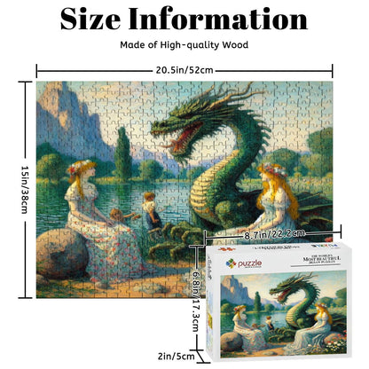 Two Ladies and a Dragon with Kids Wooden Jigsaw Puzzles 500 pcs - Gregg Acini Adoree Designs - Jigsaw Puzzle