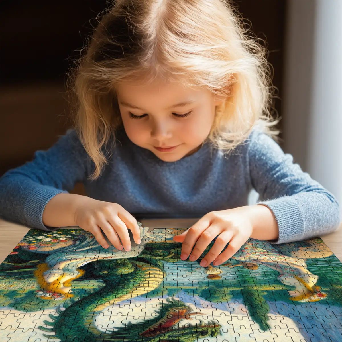 Two Ladies and a Dragon with Kids Wooden Jigsaw Puzzles 500 pcs - Gregg Acini Adoree Designs - Jigsaw Puzzle