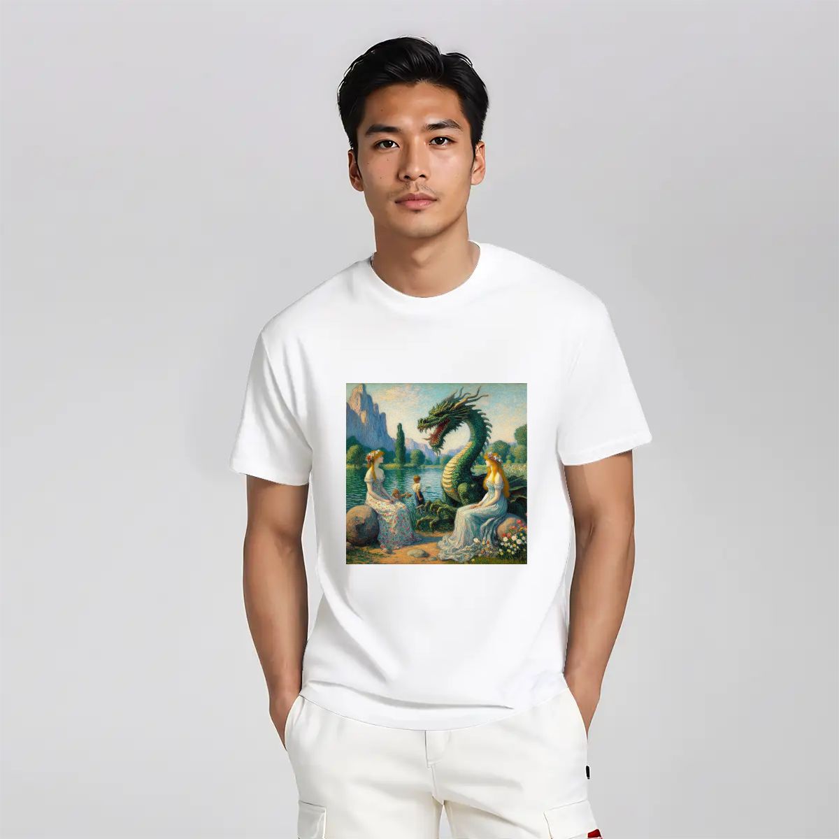 Two Ladies with a Dragon and Kids - Gildan 5000 Unisex Cotton Tee - Gregg Acini Adoree Designs - T-Shirt