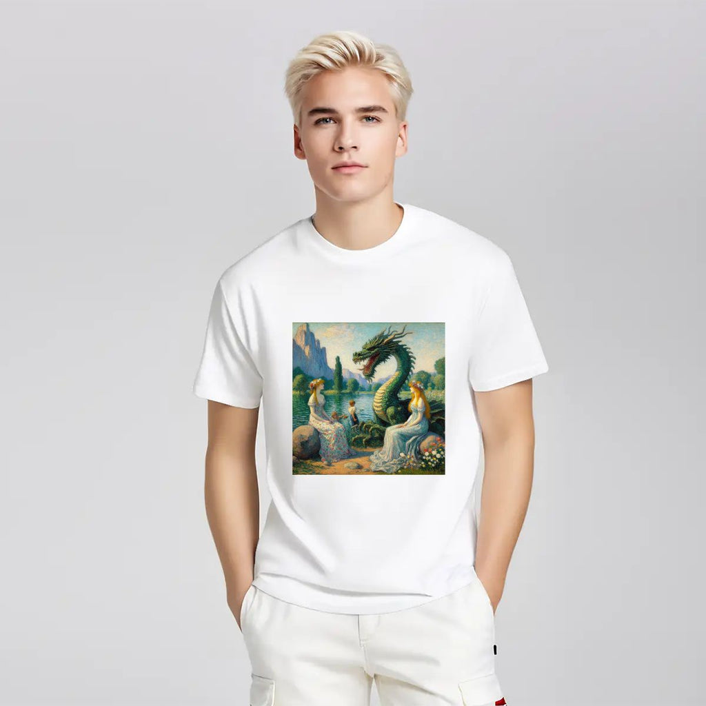 Two Ladies with a Dragon and Kids - Gildan 5000 Unisex Cotton Tee - Gregg Acini Adoree Designs - T-Shirt