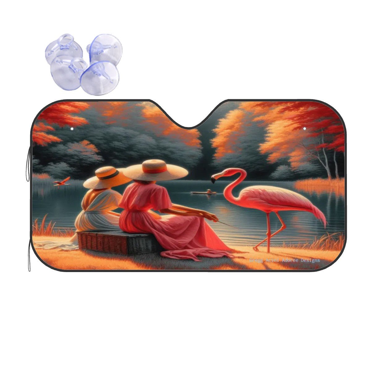 Two Ladies with a Flamingo Car Windshield Sun Shade (Stiff Version) - Gregg Acini Adoree Designs - Sun Shade