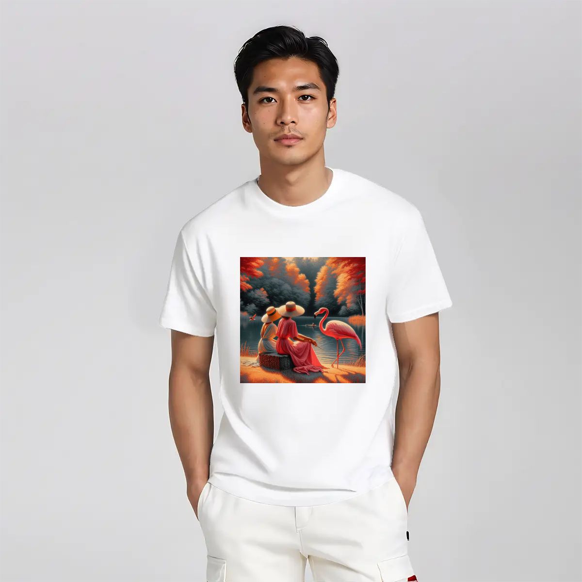 Two Ladies with a Flamingo - Gildan 5000 Unisex Cotton Tee - Gregg Acini Adoree Designs - T-Shirt