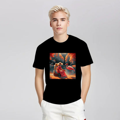 Two Ladies with a Flamingo - Gildan 5000 Unisex Cotton Tee - Gregg Acini Adoree Designs - T-Shirt
