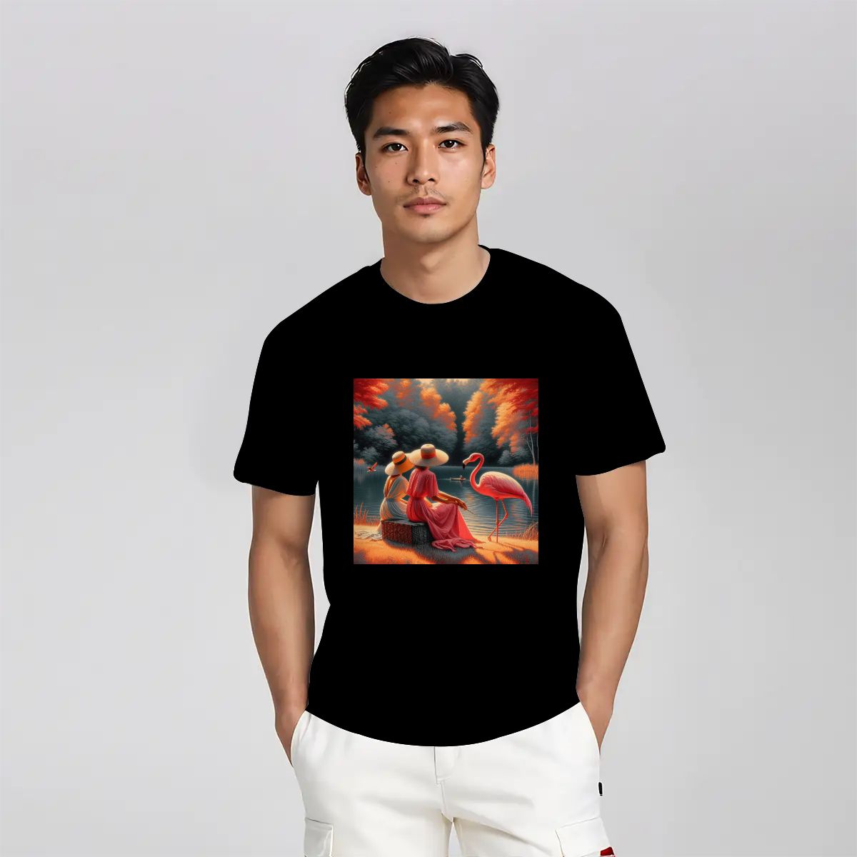 Two Ladies with a Flamingo - Gildan 5000 Unisex Cotton Tee - Gregg Acini Adoree Designs - T-Shirt