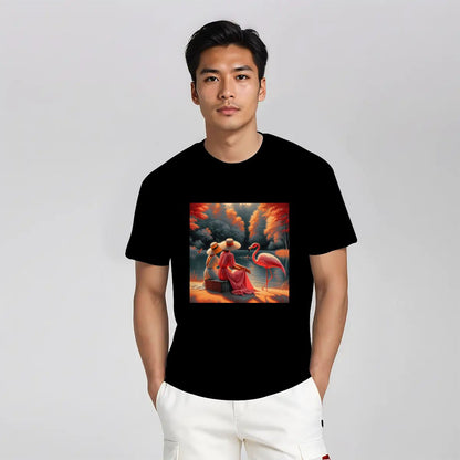 Two Ladies with a Flamingo - Gildan 5000 Unisex Cotton Tee - Gregg Acini Adoree Designs - T-Shirt