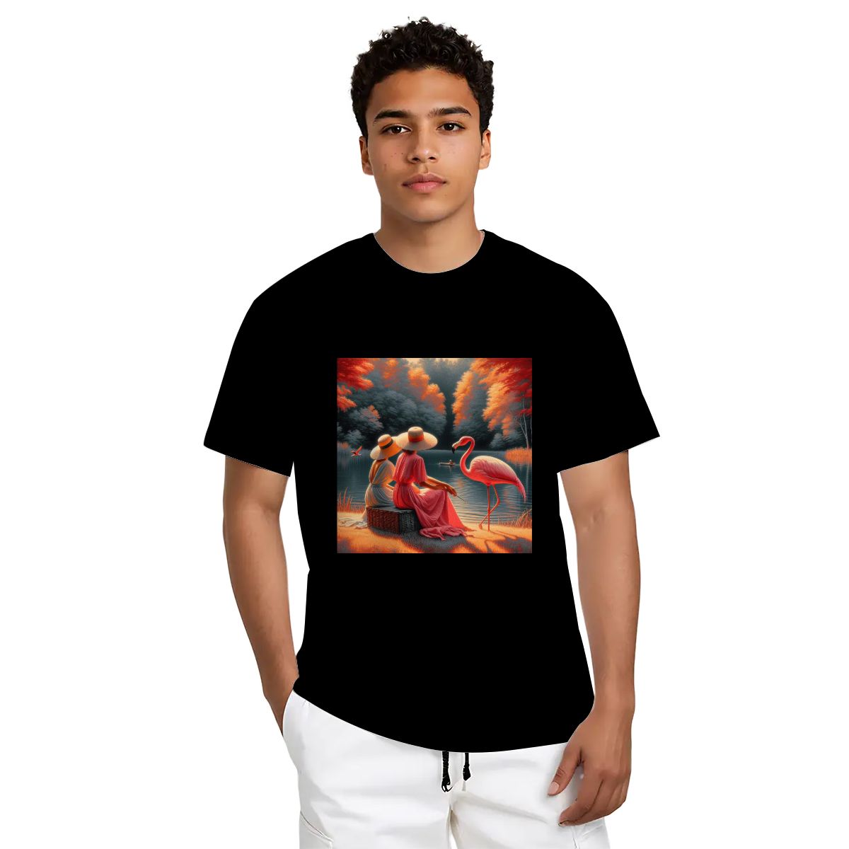 Two Ladies with a Flamingo - Gildan 5000 Unisex Cotton Tee - Gregg Acini Adoree Designs - T-Shirt