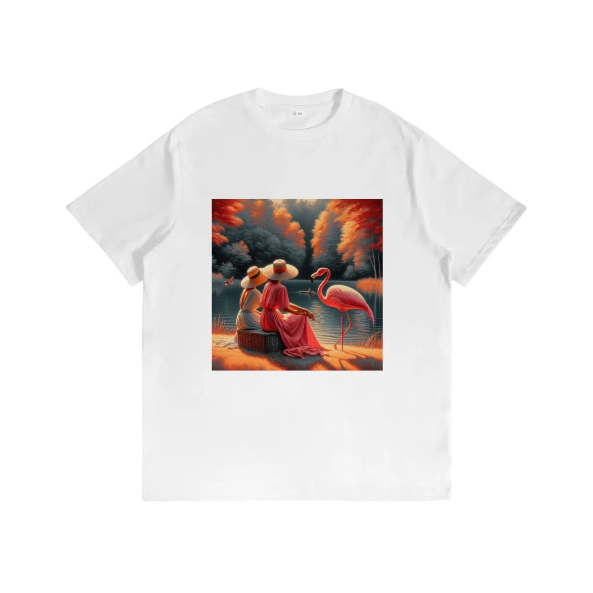 Two Ladies with a Flamingo - Gildan 5000 Unisex Cotton Tee - Gregg Acini Adoree Designs - T-Shirt