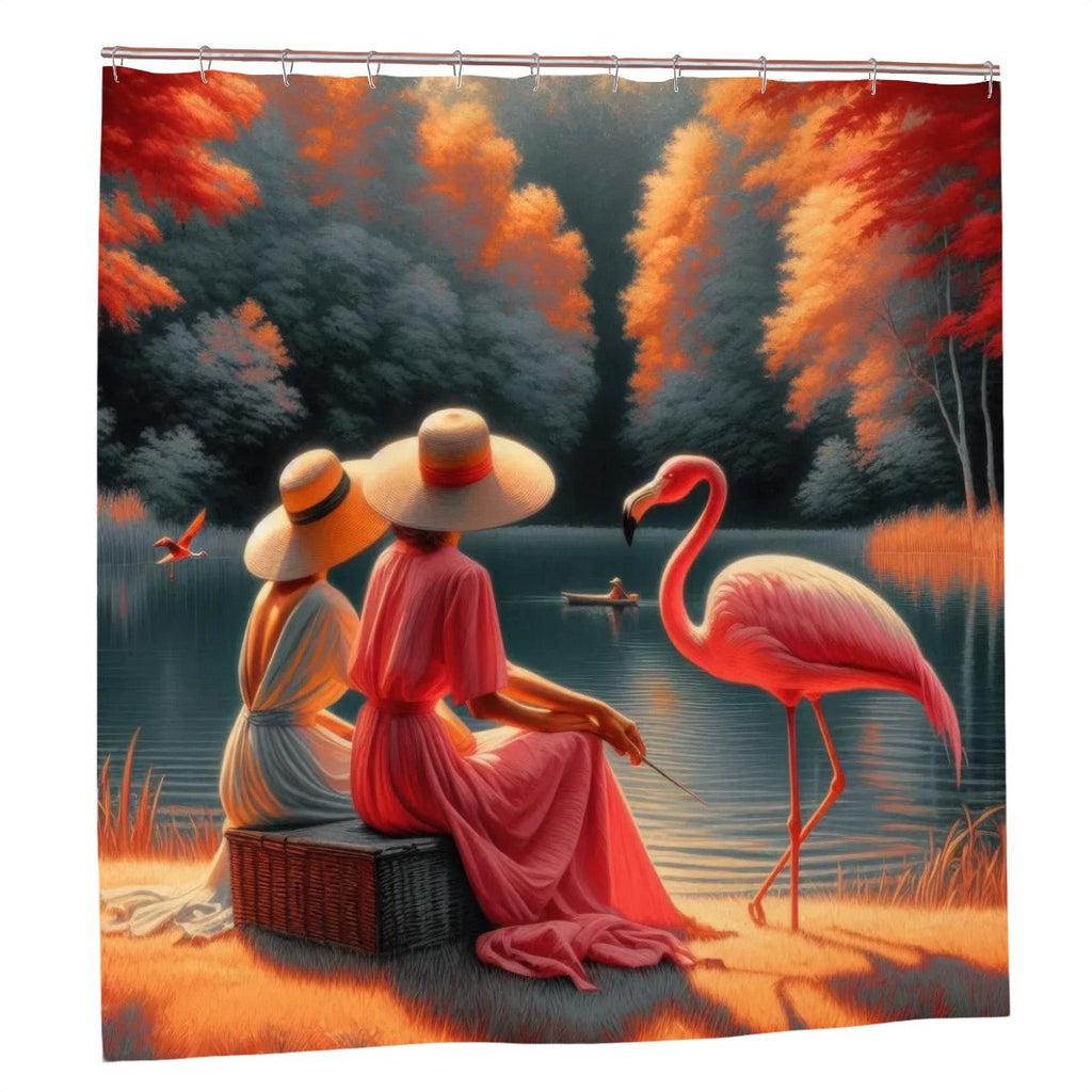 Two Ladies with a Flamingo Shower Curtain - Gregg Acini Adoree Designs - shower curtain
