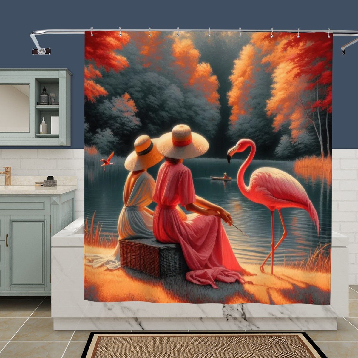 Two Ladies with a Flamingo Shower Curtain - Gregg Acini Adoree Designs - shower curtain
