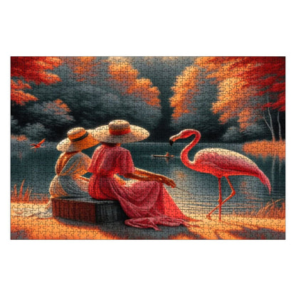 Two Ladies with a Flamingo Wooden Jigsaw Puzzles 1000 pcs - Gregg Acini Adoree Designs - Jigsaw Puzzle